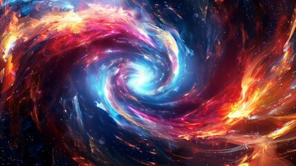 Vibrant cosmic swirl around a bright galactic core - An incredible and vibrant swirl of cosmos colors encircles a bright galactic core, symbolizing the powerful forces of creation and time