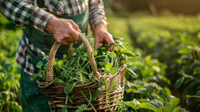 Farmer holding a basket of fresh garden herbs - An image capturing a farmer in apron harvesting fresh herbs in a basket during golden hour in the garden