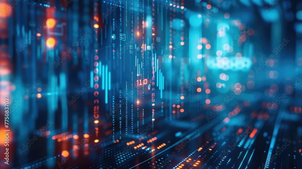 Poster An abstract digital background featuring the concept of financial data, such as graphs and numbers, glowing in blue hues with rays of light on it. Generative AI.