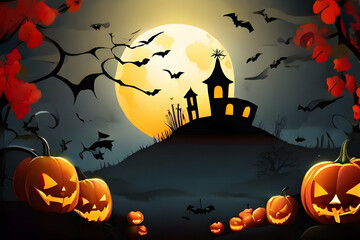 halloween background with pumpkin and bats. night, autumn, moon, bat, horror, holiday, vector, illustration, dark, october, scary, celebration, spooky, silhouette, tree, design, Ai generated 