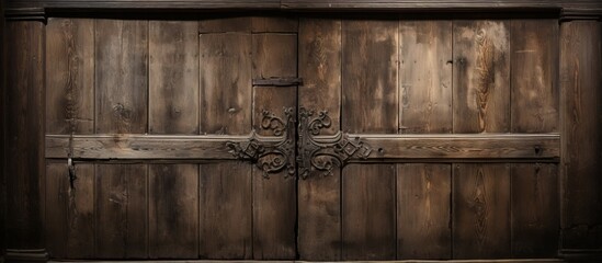 Detailed shot of an old wooden door displaying its intricate design and a sturdy metal handle for opening and closing - obrazy, fototapety, plakaty