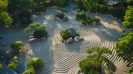 An aerial view of a tranquil zen garden with meticulously raked sand