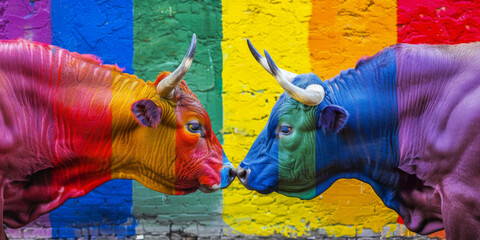 Two bulls painted in the colors of the LGBT flag kiss each other
