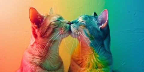 cats painted in the colors of the LGBT flag kiss each other