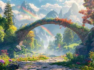 Rainbow bridge in a fantasy landscape, photorealistic, vibrant under sun rays  ,3DCG,high resulution,clean sharp focus - obrazy, fototapety, plakaty
