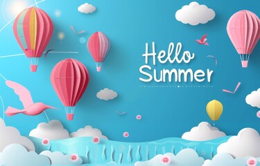 Fototapeta premium New summer season banner with clouds and hot air balloons in the style of paper cut background for travel vacation holiday party concept 