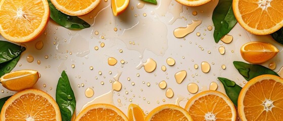 square frame background from many sliced ripe oranges, top view. With a white background at the back