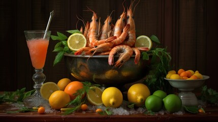 Refreshing Mexican Shrimp Cocktail with lime in glass on gray stone background