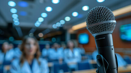 Close up of Microphone on the background of conference room full of doctors and medical personal hearing the medical presentation 