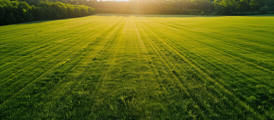 Beautiful green grass field during sunset. - obrazy, fototapety, plakaty