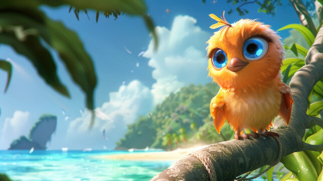 A cute baby bird with big blue eyes, orange feathers and a short beak sitting on the edge of a bamboo branch in front of a tropical island background