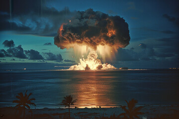 color photograph of an atomic bomb exploding in the ocean. Disasters, warfare, nuclear weapons