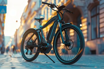 E-bike parked on urban street at sunset - obrazy, fototapety, plakaty