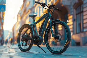 Fotobehang E-bike parked on urban street at sunset © gearstd