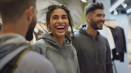 smiling men and women engage in discussions about hiking and sports technicalities at indoor brand's booth, showcasing their enthusiasm and knowledge for activities.