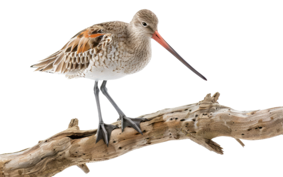 Avian Perch: Godwit Resting on Wooden Limb isolated on transparent Background