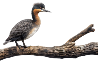Avian Perch: Grebe Resting on Wooden Branch isolated on transparent Background