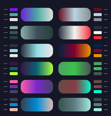 Gradients Hex Color Template, vibrant spectrum, rainbow shades, digital art, web design, color picker. Color palette, gradients palette, color catalog, trendy set of gradients, trendy color palette