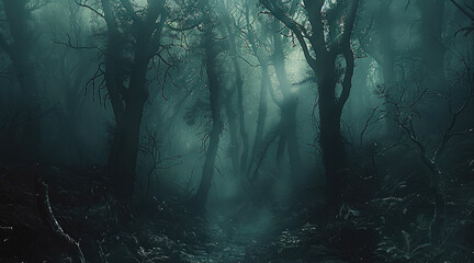 Dark forest environment, dark and gritty. Generative AI.