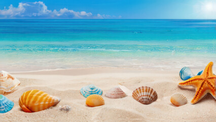 Obraz premium shells and starfish on the ocean beach