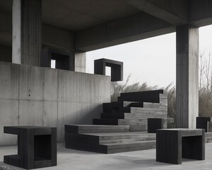 Outdoor grayscale photo of an empty sculpture garden, abstract, geometric, minimalist. From the Series �Abstract Architecture.�