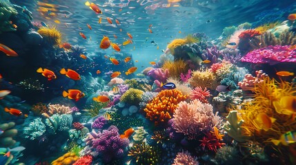 Naklejka na ściany i meble An aerial view of a vibrant coral reef bustling with colorful fish and other marine life