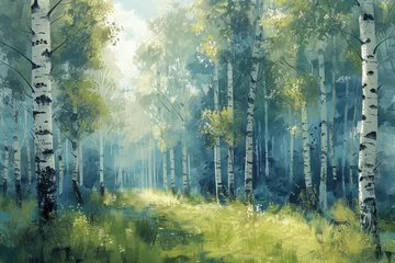 Papier Peint photo Bouleau Imagine a beautiful oak grove depicted with intricate paint strokes.