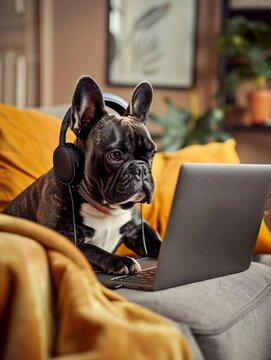 a photo of an adorable French bulldog wearing headphones and sitting on the couch, working from home with his laptop computer, soft focus photography, orange tones, bokeh background