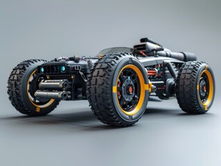 All-terrain RC car with large tires and detailed chassis
