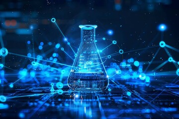 digital  laboratory flask icon with glowing data symbolizes the integration of ai into scientific experimentation and data analysis, accelerating research progress and discoveries.
 - obrazy, fototapety, plakaty