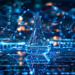 digital  laboratory flask icon with glowing data symbolizes the integration of ai into scientific experimentation and data analysis, accelerating research progress and discoveries.
