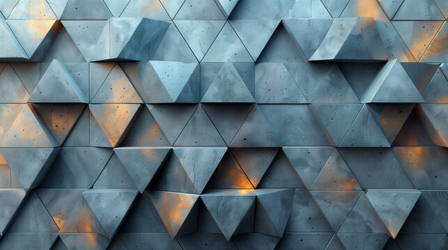 Futuristic, Triangular Wall background with tiles. Polished, tile Wallpaper with Concrete, 3D blocks. 3D Render.