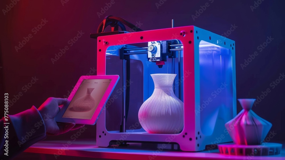 Poster In this picture, the maker is holding a tablet with a 3d model on the screen. The tablet shows the progress of the printer as it prints the vase. Additive technology for hobbies and DIY projects.