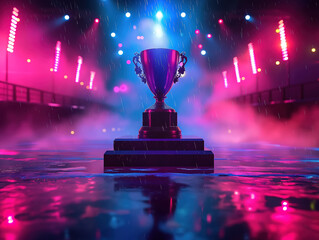 Trophy on podium in e-sport stadium with futuristic background spotlight 