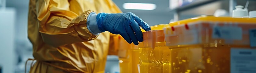 A detailed image showcasing the careful handling of a hazardous substance within a laboratory setting, following strict safety measures to prevent any potential risks - obrazy, fototapety, plakaty