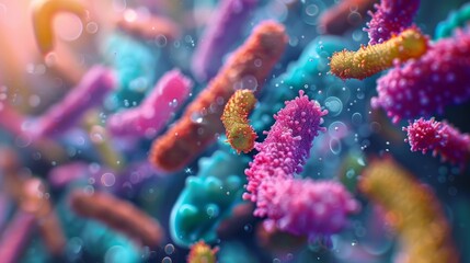 A detailed 3D visualization showcasing the dynamic interactions between micronutrients and beneficial bacteria. - obrazy, fototapety, plakaty