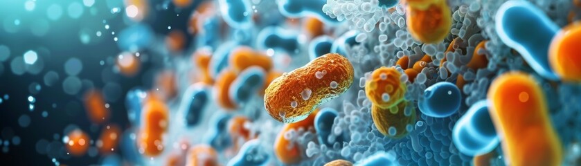 A detailed 3D visualization showcasing the dynamic interactions between micronutrients and beneficial bacteria. - obrazy, fototapety, plakaty
