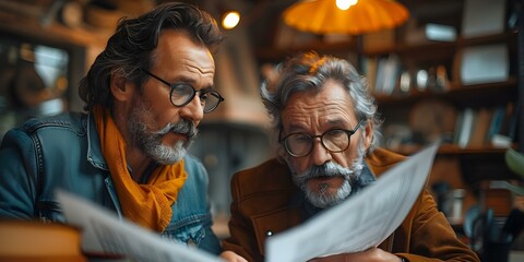 Obraz premium Two mature business executives discussing tax documents in an office setting. Concept Business Meeting, Tax Preparation, Office Environment, Mature Executives, Document Discussion