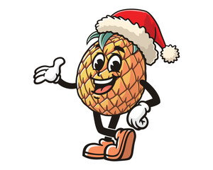 Pineapple wearing a Christmas hat cartoon mascot illustration character vector clip art hand drawn