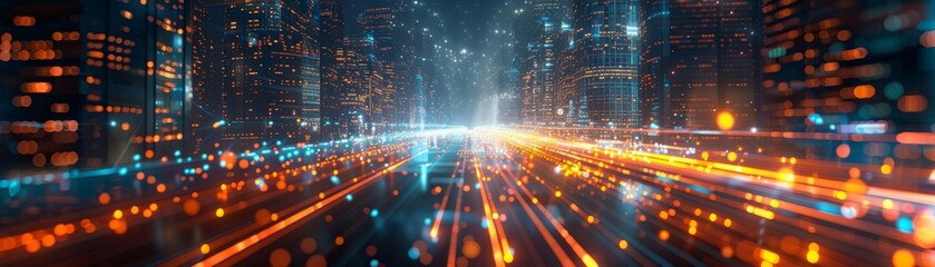 The future smart city serves as a technological and progressive hub, embodying the concept of a Metaverse cyber world. It symbolizes innovation and advancement through AI-generated systems.