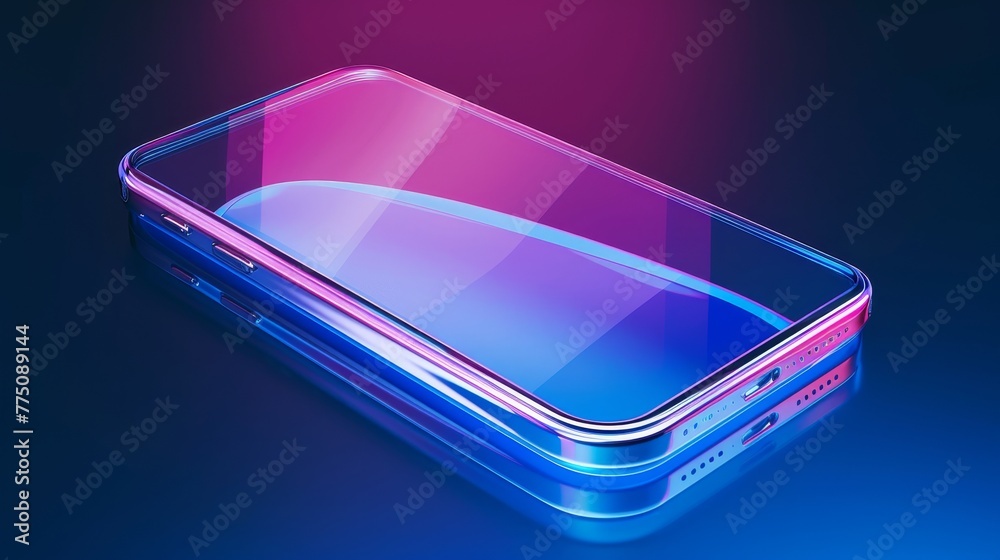 Fototapete a modern glass smartphone appears from above a table with a smooth dark blue surface as if in perspe