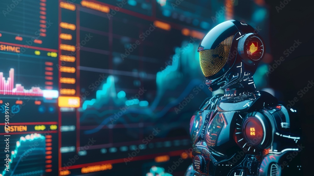 Poster Computer software program used to trade on the stock exchange. Robotic traders on the stock exchange. Artificial intelligence forex brokers using financial charts to analyze. Cyborg traders on the