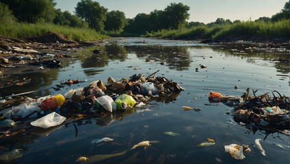 A polluted river scene with garbage floating on the surface, dead fish and murky water. Water pollution, environment issue.