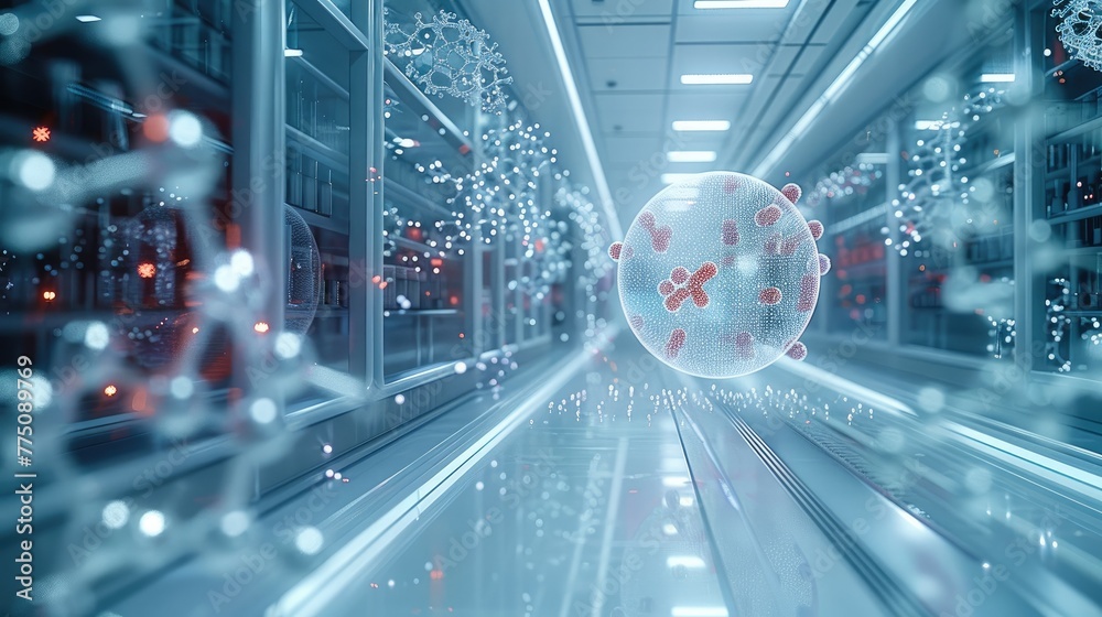 Poster Futuristic chemistry lab with holographic displays of molecular structures and DNA strands floating in the air. Generative AI.