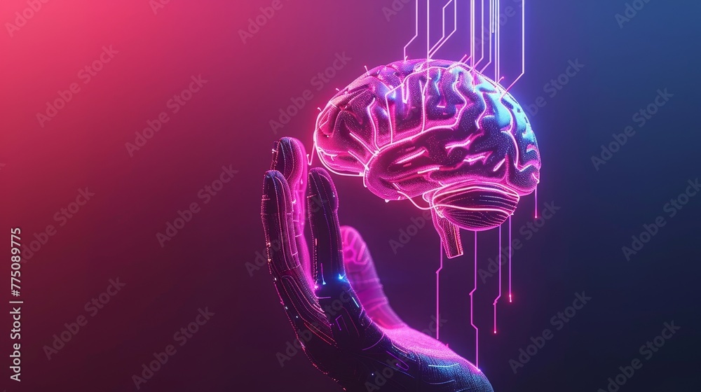 Fototapete An electronic brain with gyrus and the ai symbol hanging over the hand. Computer neural networks or artificial intelligence in neon cyberspace with glowing title on a scientist's palm.