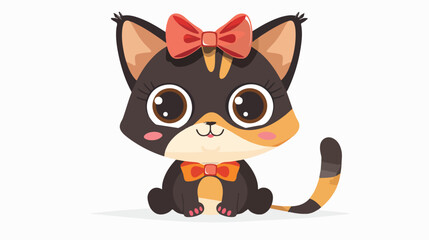 Cartoon cat with bow on head flat vector isolated on