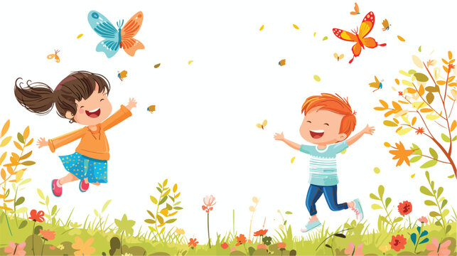 Cartoon Children catching a butterfly in the park 