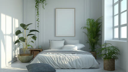 Crisp white linens and lush indoor plants bring a serene botanical atmosphere to this sunlit bedroom.