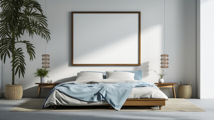 A zen like bedroom adorned with light blue linens and a stately palm plant, evoking a tranquil oasis.