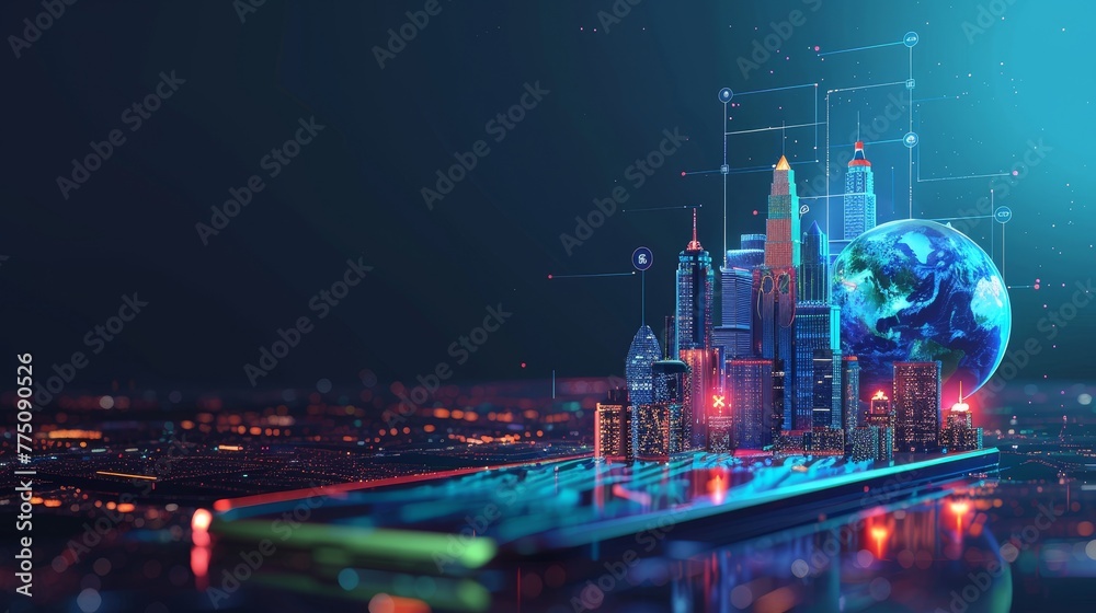 Aufkleber Using artificial intelligence to control city infrastructure, manage data traffic, and ensure safety. Connecting smart city with planet via mobile internet.